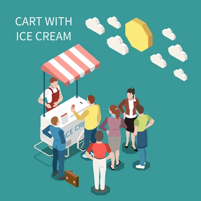 Ice cream cart isometric background with seller and buyers standing near street cart with sweet frozen food vector illustration