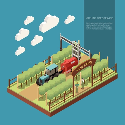 Vine yard  isometric composition with machine for spraying moving between rows of grapes vector illustration