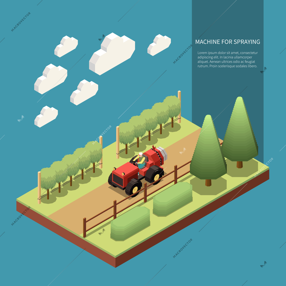 Driver operating machine for spraying orchard trees in garden isometric composition vector Illustration