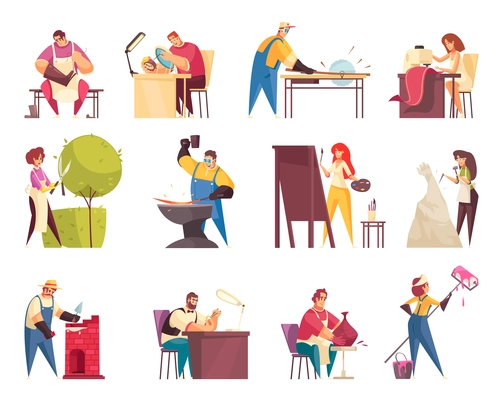 Craftsman icons set with tailor and artist flat isolated vector illustration