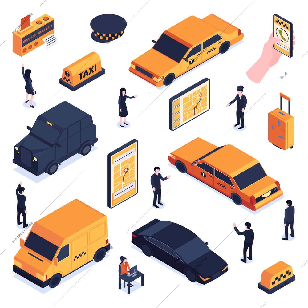 Isometric taxi icon set with elements of taxi hat of taxi driver orange car passengers vector illustration