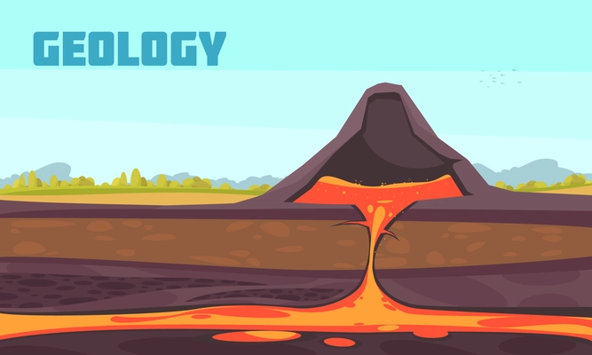 Geologist composition with flat scenery and profile view of underground of the volcano with magma flow vector illustration