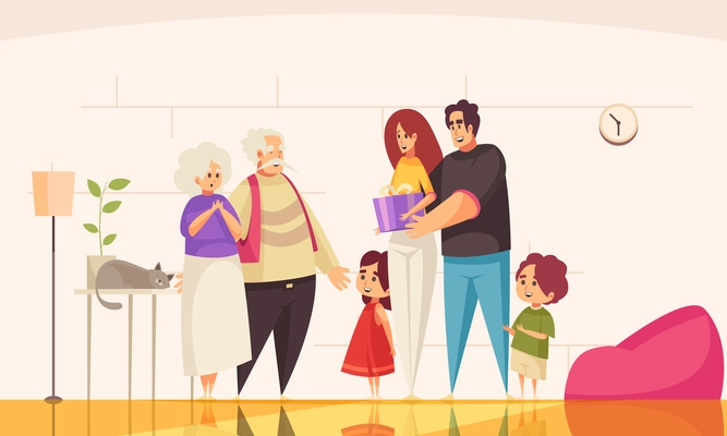 Gift present old people composition with indoor view of home room with family members doodle characters vector illustration