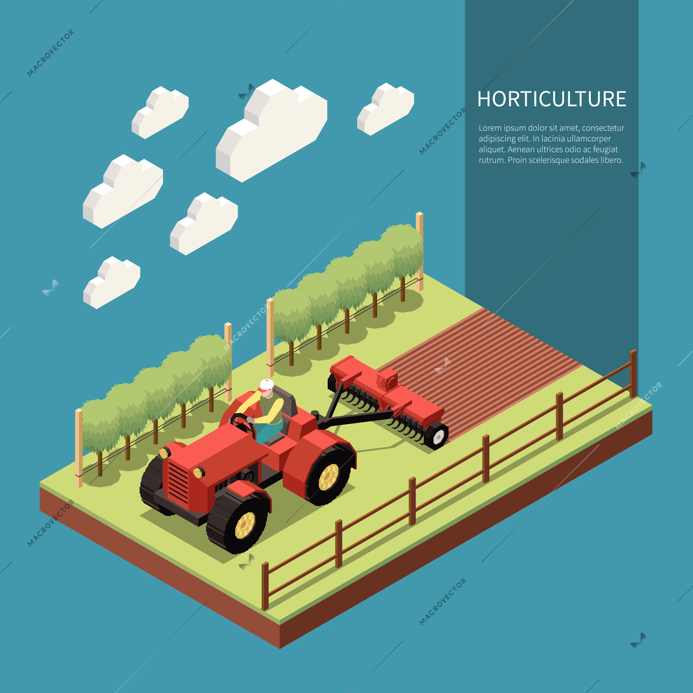 Horticulture isometric composition with farm worker driving tractor for wedding soil in fruit garden vector Illustration