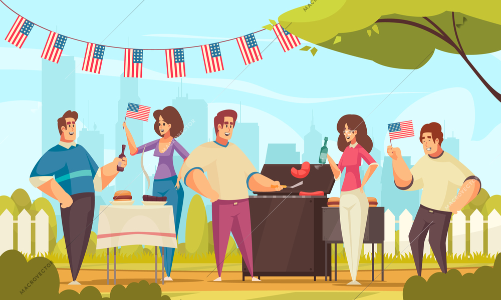 Bbq independence day america composition with outdoor landscape and group of friends having good time outdoors vector illustration