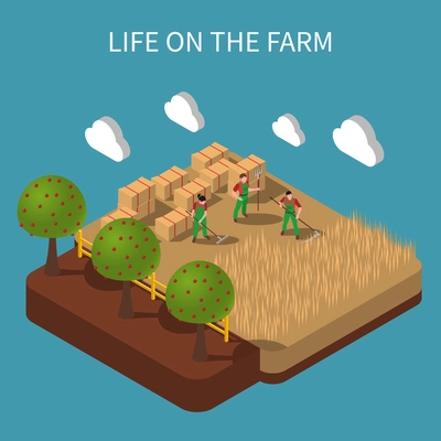 Life on farm isometric composition with agricultural workers engaged in haymaking on rustic landscape background vector Illustration