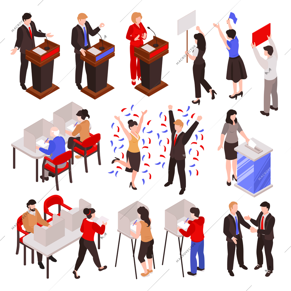 Isometric election set with isolated faceless human characters of politicians team members supporters and voting people vector illustration