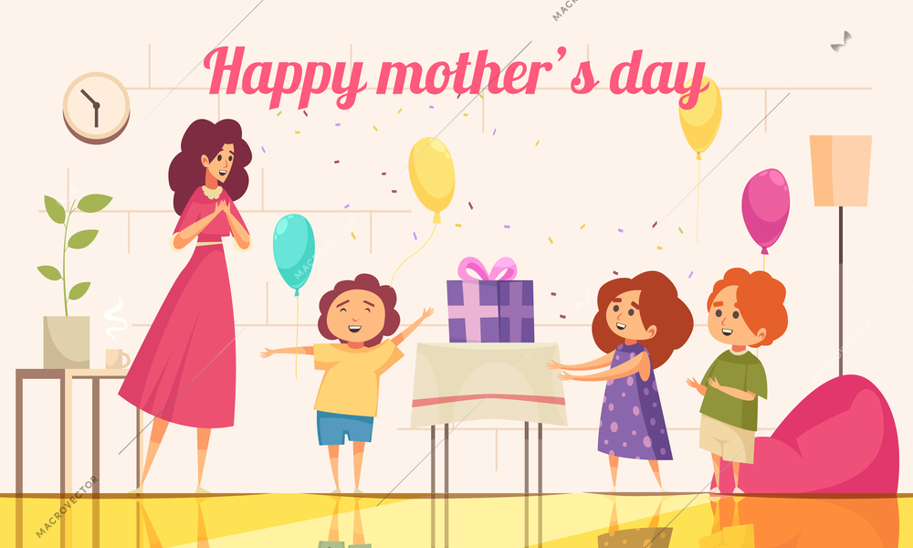 Gift present mom mother day composition with editable text and indoor scenery with kids and mother vector illustration