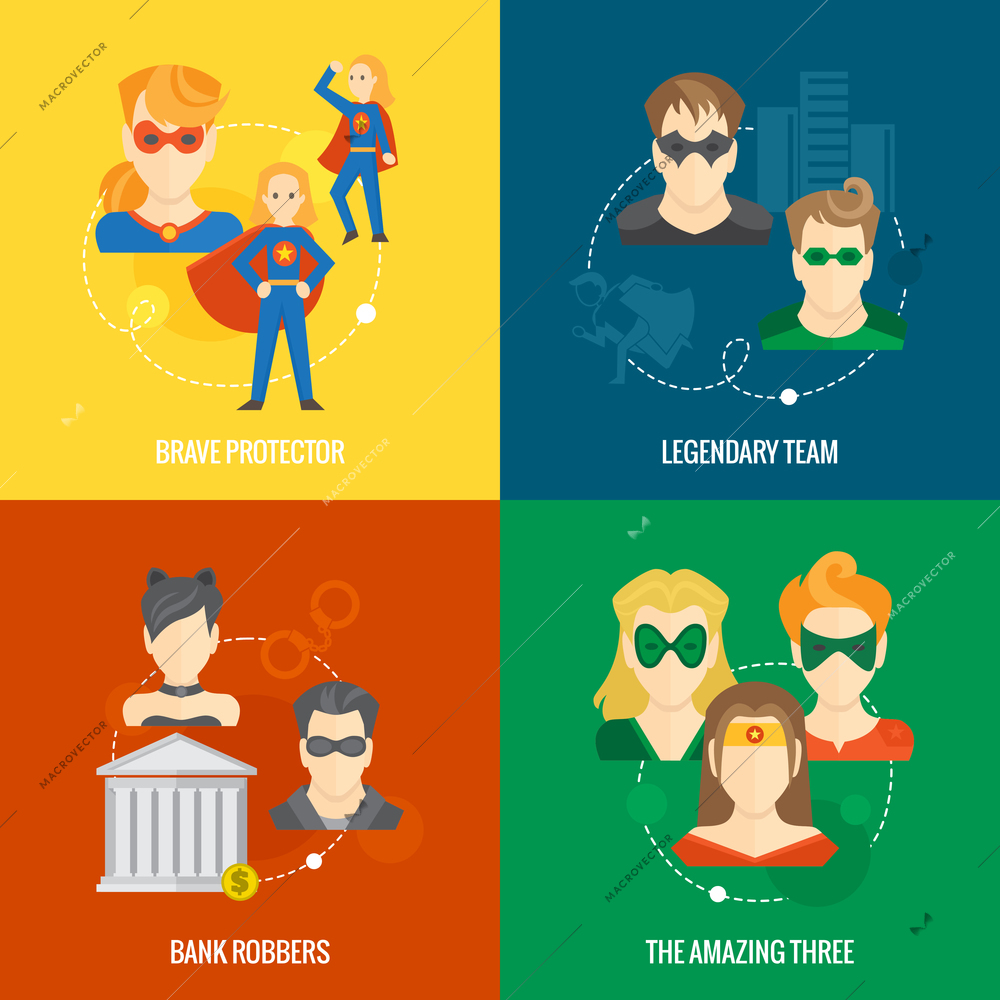 Business concept flat icons set of superhero composition with brave legendary amazing protector team infographic design elements vector illustration