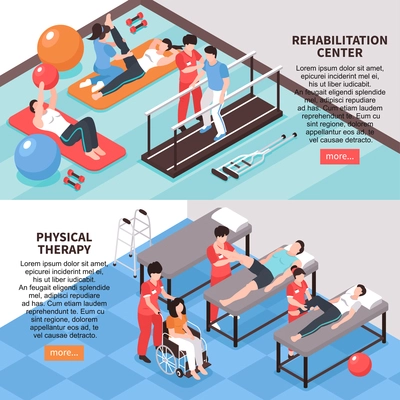 Set of two isometric rehabilitation physiotherapy horizontal banners with images editable text and read more button vector illustration