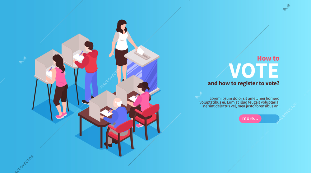 Isometric election horizontal banner with editable text button and human characters of voting people with ballots vector illustration