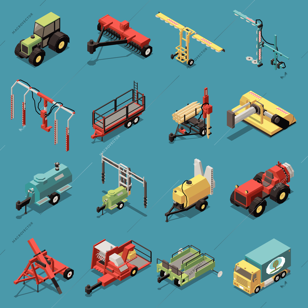 Orchard machinery isometric set of tractor cultivator platform tools  for plowing soil spray and embossing trees isolated vector illustration