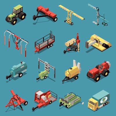 Orchard machinery isometric set of tractor cultivator platform tools  for plowing soil spray and embossing trees isolated vector illustration