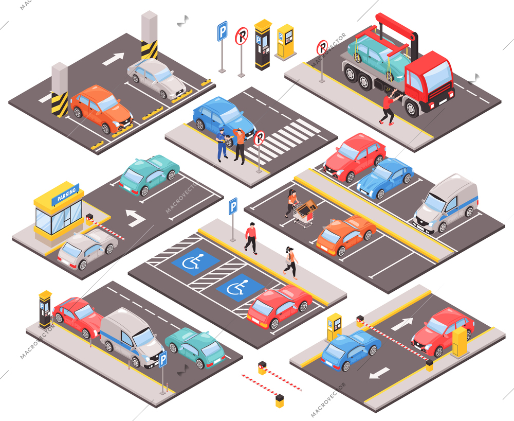 Set with isolated isometric car parking images of pavement platforms parked cars street signs and people vector illustration