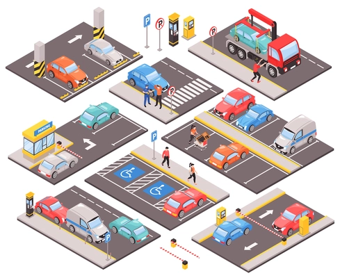 Set with isolated isometric car parking images of pavement platforms parked cars street signs and people vector illustration