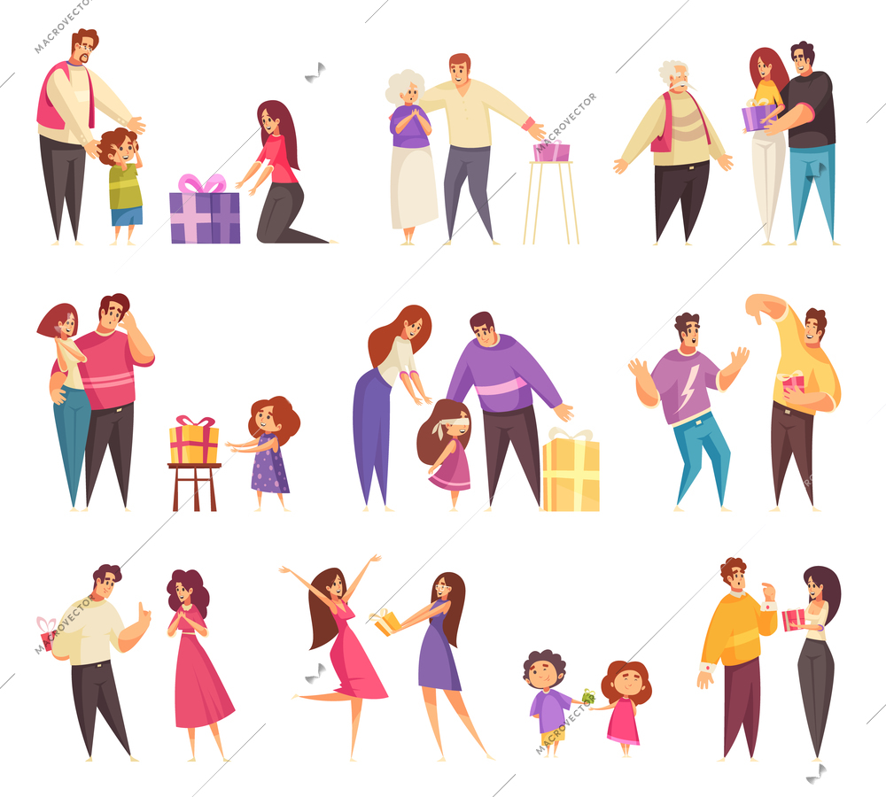 Gift present giving set of isolated icons with flat doodle characters of people in different relationships vector illustration