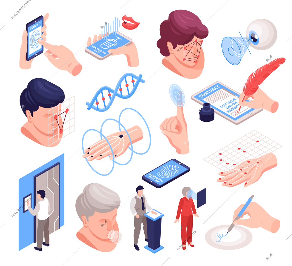 Isometric biometric identification set with isolated images of human body parts electronic gadgets and technology icons vector illustration