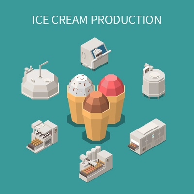 Ice cream production isometric background with three waffle cones filled with different varieties of ice cream vector illustration