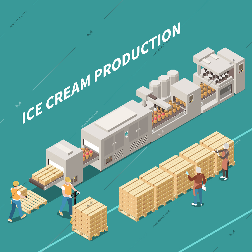 Ice cream manufacture background with people working on automatic line producing frozen dessert isometric vector illustration