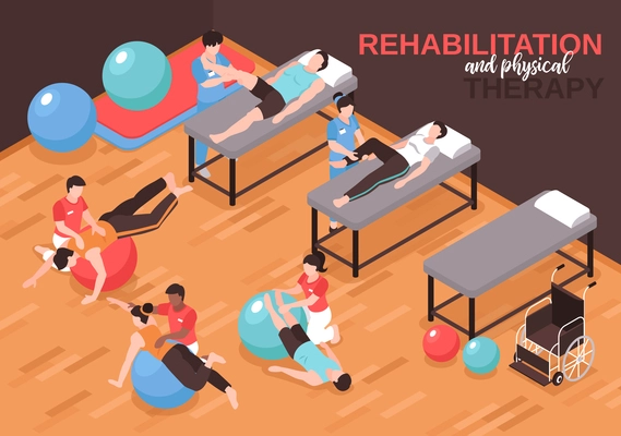 Isometric rehabilitation physiotherapy background composition with text and indoor view of physical exercise room with people vector illustration