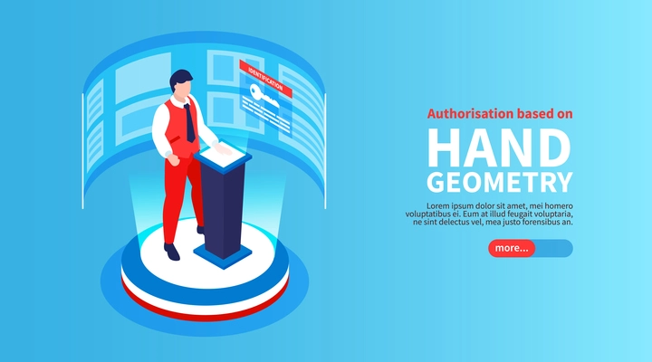 Isometric biometric identification horizontal banner with button text and male human character scanning his hand fingerprints vector illustration