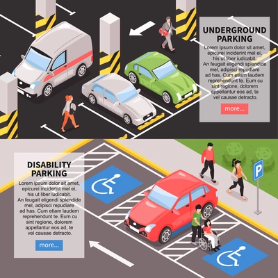 Isometric car parking place horizontal banners set with editable text fields clickable more button and images vector illustration