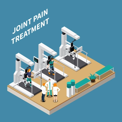 Joint pain treatment isometric composition with doctors and patients undergoing rehabilitation at modern physiotherapy equipment vector illustration