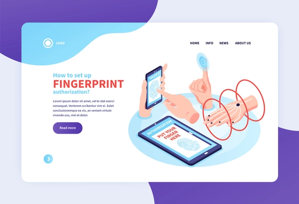 Isometric biometric identification concept banner web site landing page with clickable links and human hand images vector illustration