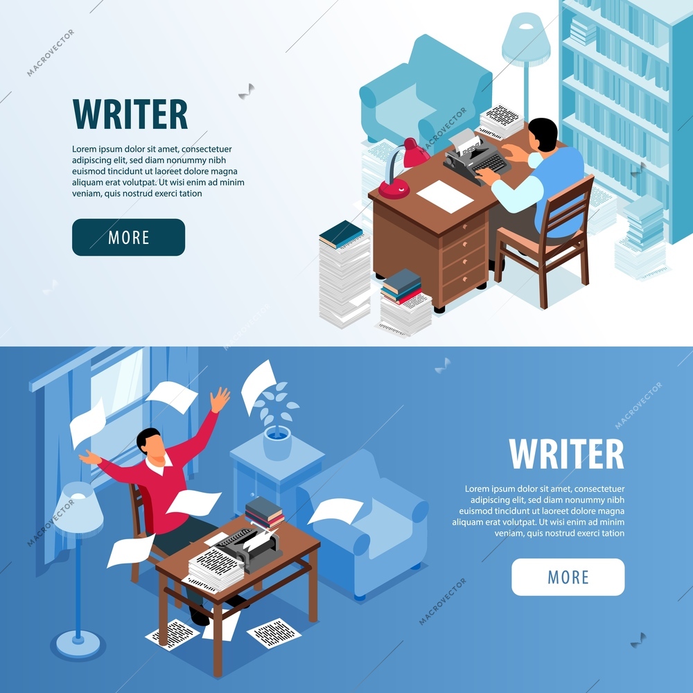 Writer workplace inspiration 2 isometric horizontal web page banners with literature fiction author creative process vector illustration