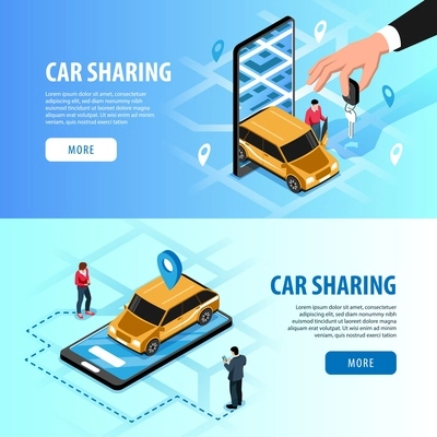 Car sharing automatic access via smartphone 2 horizontal isometric web banners with  handing key app vector illustration