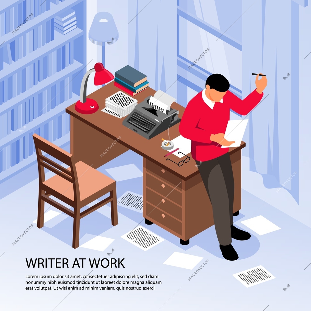 Writer at work getting creative ideas at workplace isometric composition with traditional office interior objects vector illustration