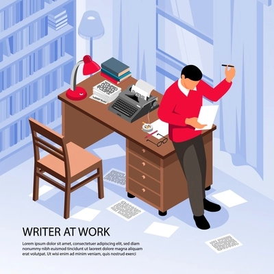 Writer at work getting creative ideas at workplace isometric composition with traditional office interior objects vector illustration