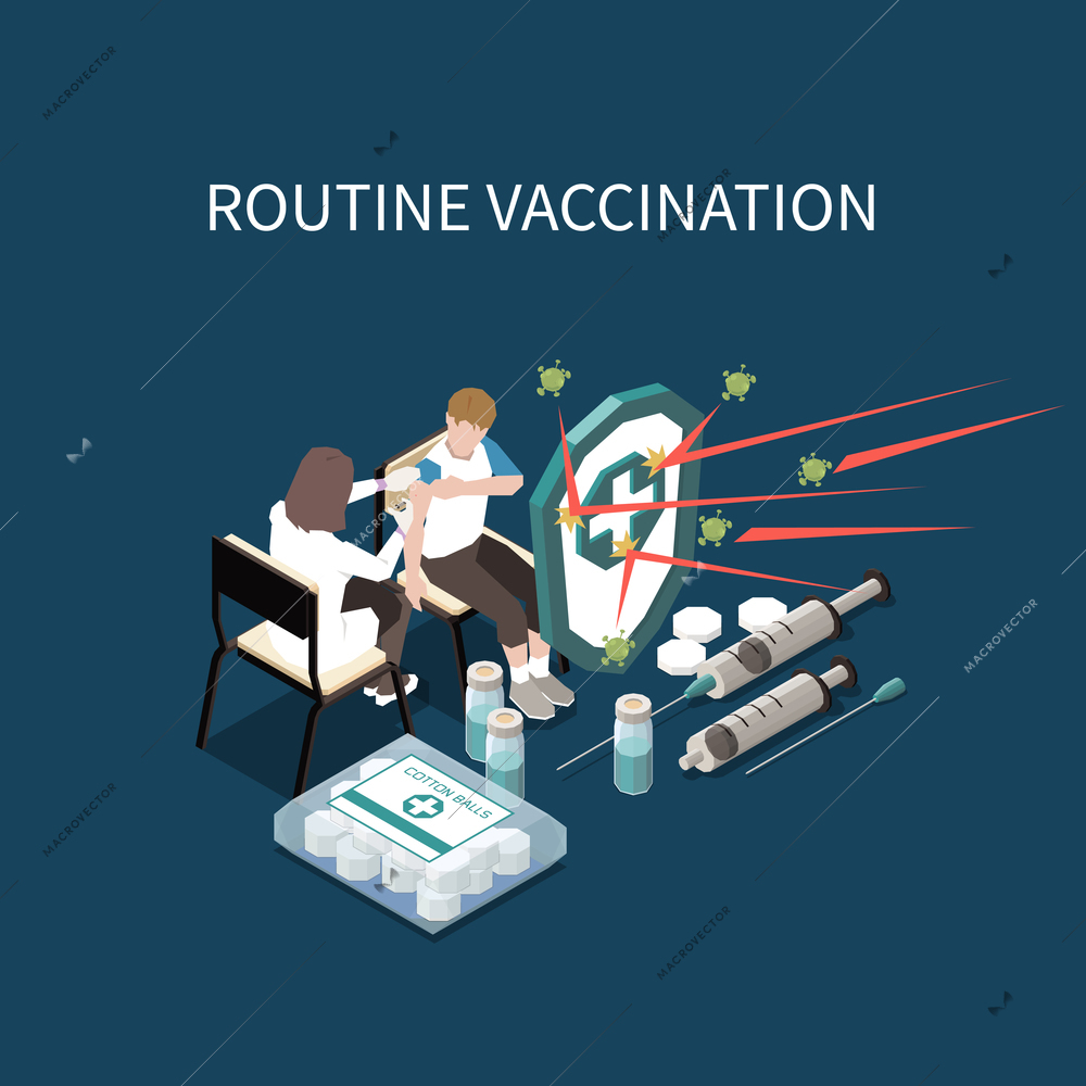 Routine vaccination isometric background with medical syringes ampoules with vaccine doctor and patient vector illustration