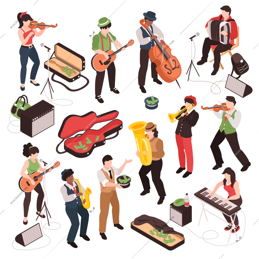 Isometric street musician set of isolated doodle human characters playing various music instruments on blank background vector illustration