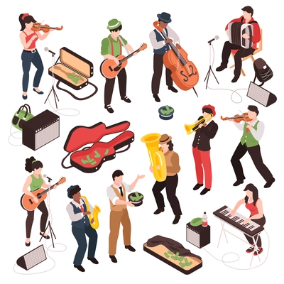 Isometric street musician set of isolated doodle human characters playing various music instruments on blank background vector illustration