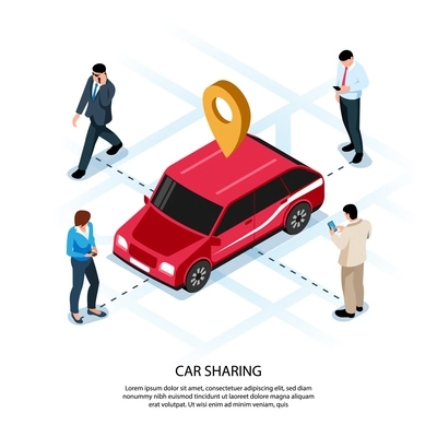 Car sharing people isometric advertising composition mobile app with red vehicle on interactive map location vector illustration