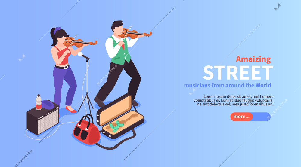 Isometric street musician horizontal banner composition with faceless doodle characters of violin players text and button vector illustration