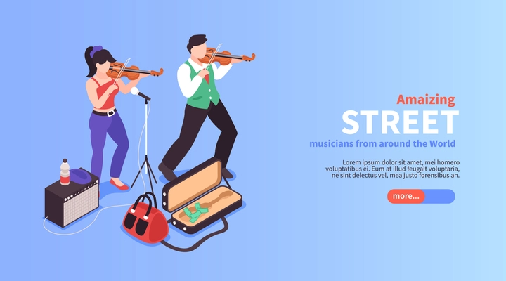 Isometric street musician horizontal banner composition with faceless doodle characters of violin players text and button vector illustration