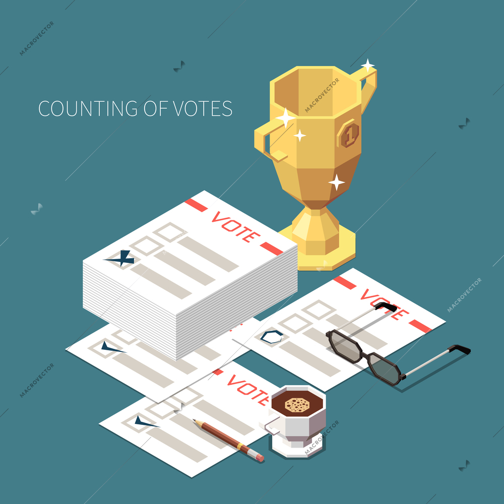 Counting of votes isometric design concept set of winners cup and stack of ballots with check marks vector illustration