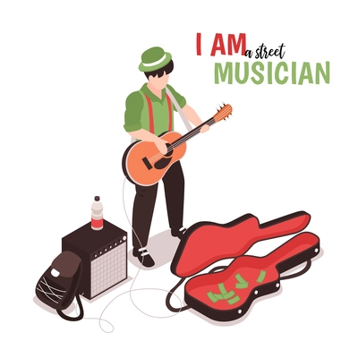 Isometric street musician background with text and male doodle character of street performer with acoustic guitar vector illustration