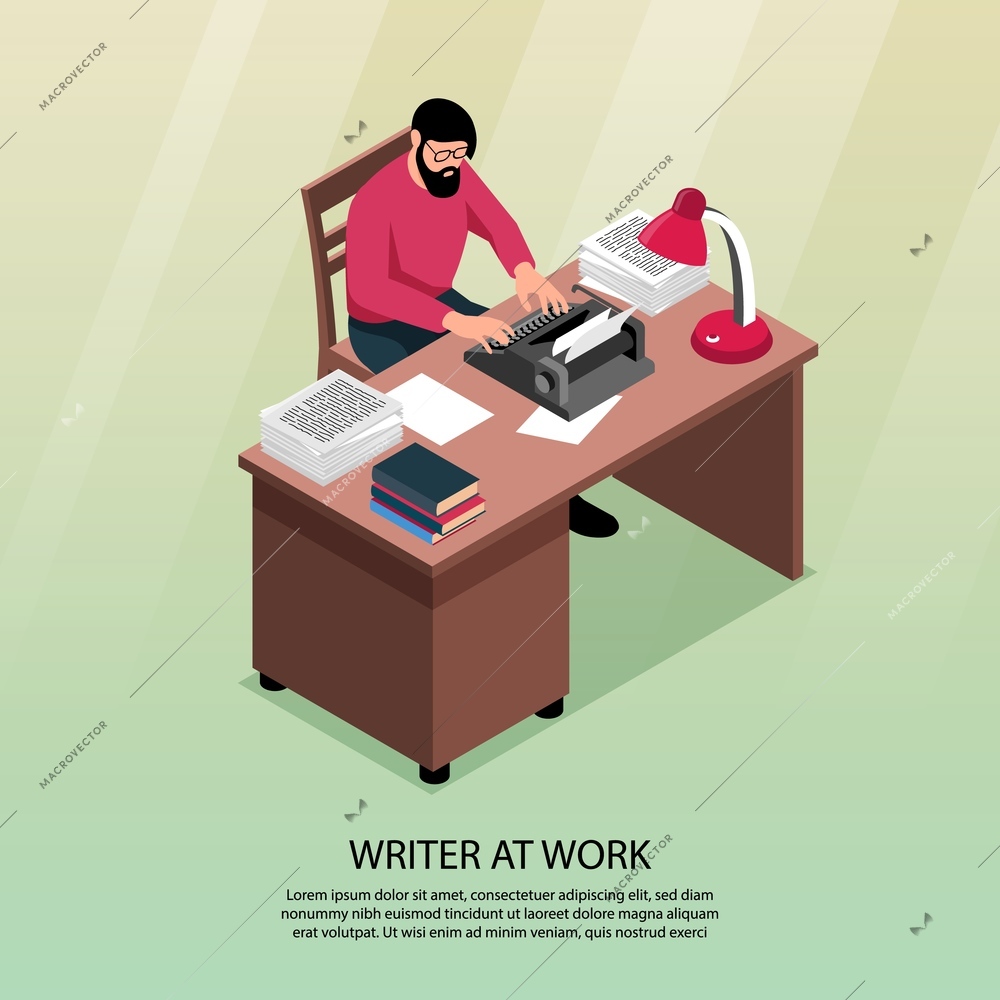 Writer at work isometric composition with traditional workplace attributes desk typewriter books paper piles poster vector illustration