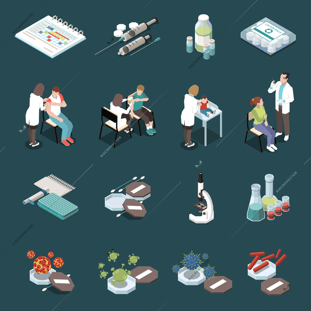 Vaccination isometric icons set of bio materials  primary source of viral diseases  ampoules with vaccine medical equipment isolated vector illustration