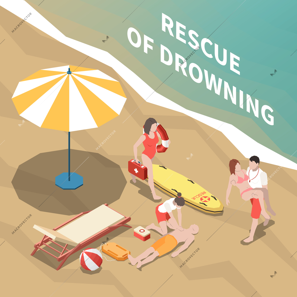 Lifeguards saving drowning people and providing medical assistance on beach 3d isometric vector illustration