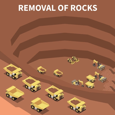 Mining machinery trucks and excavators removing rocks from big quarry 3d isometric vector illustration