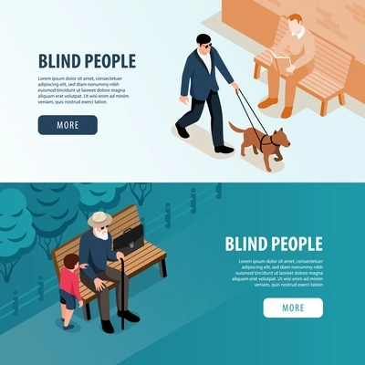 Blind people outdoor 2 isometric horizontal web banners with grandchild assistance and guide dog walk vector illustration