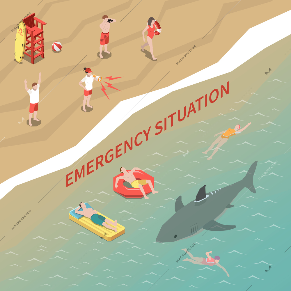 Beach lifeguards warning people swimming in sea with shark 3d isometric vector illustration