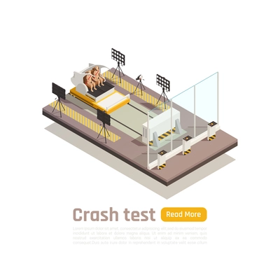 Crash test car safety isometric composition with view of testing fixture unit and dummies with text vector illustration