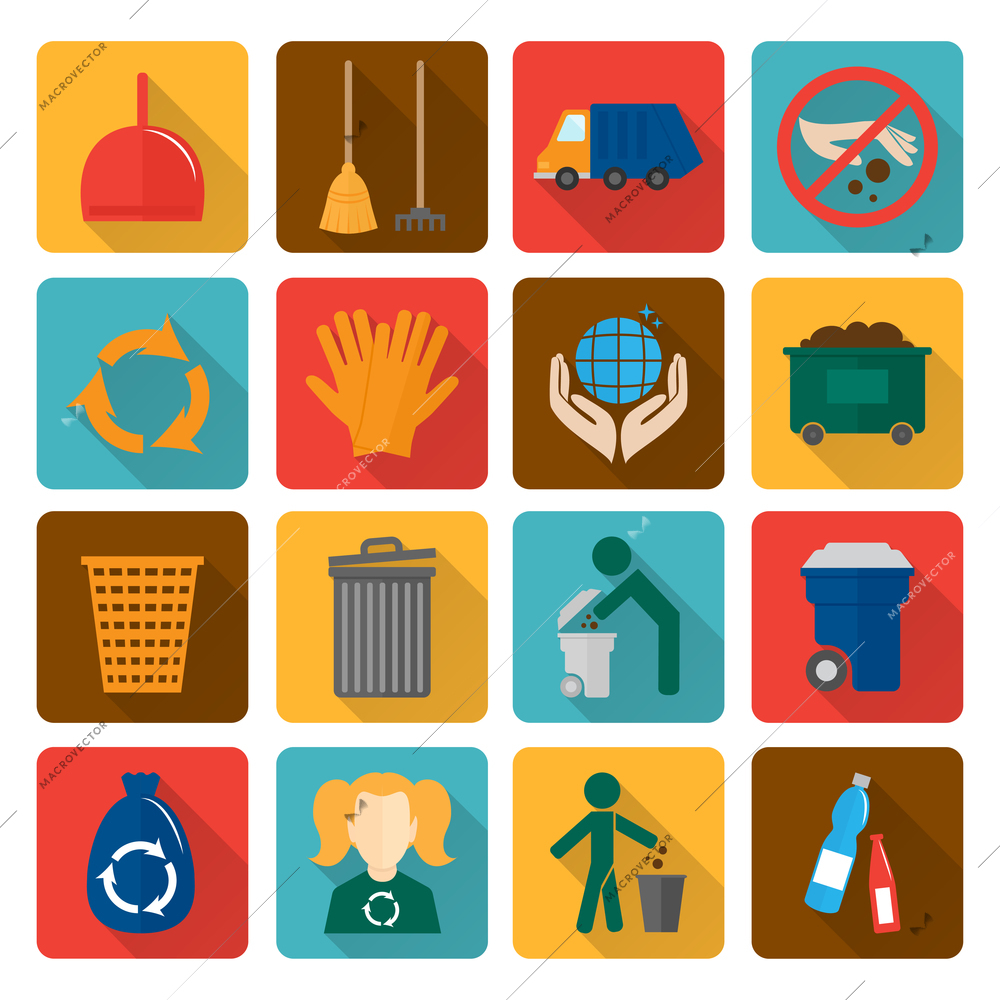 Garbage trash cleaning recycling environmental symbols flat shadowed icons set isolated vector illustration