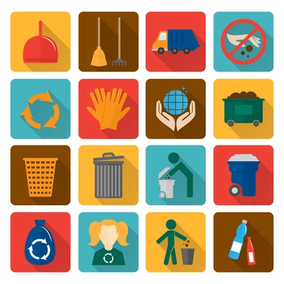 Garbage trash cleaning recycling environmental symbols flat shadowed icons set isolated vector illustration