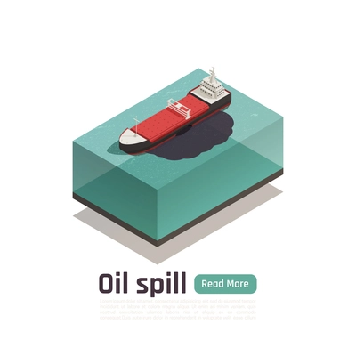Ocean pollution isometric composition with read more button editable text and image of damaged cargo tank vector illustration